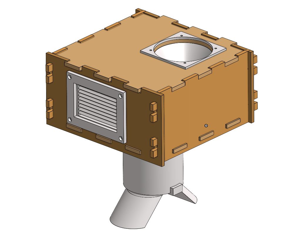 CAD of the original KAOS-2 enclosure exterior with interlocking walls and a vent
