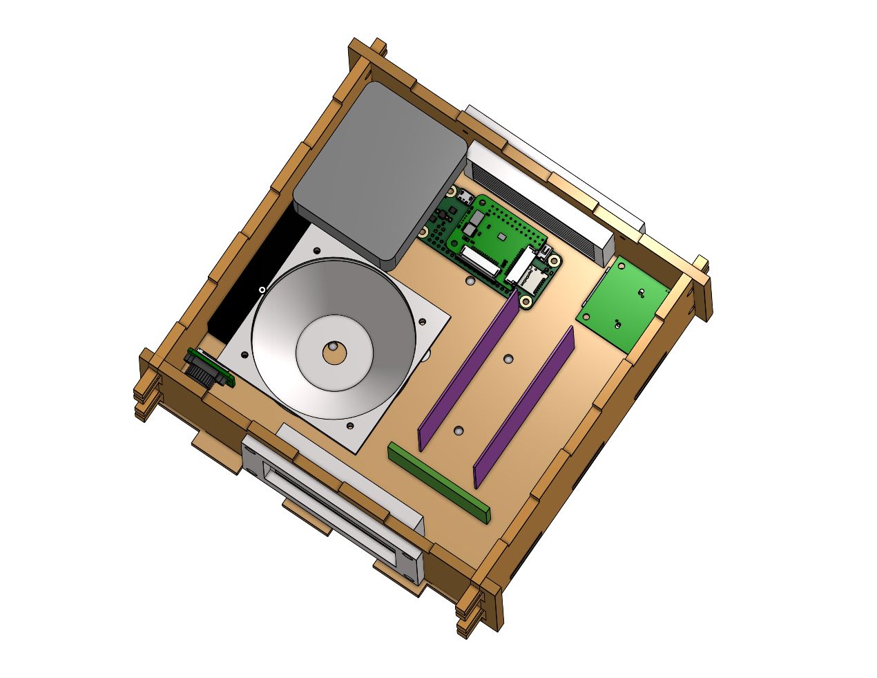 CAD of the enclosure interior showing board and speaker placement