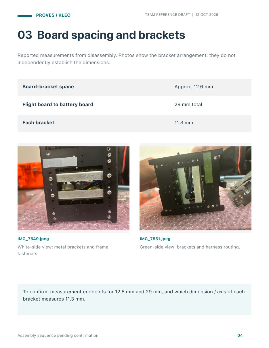 Guide page titled Board spacing and brackets, with a measurement table and photos