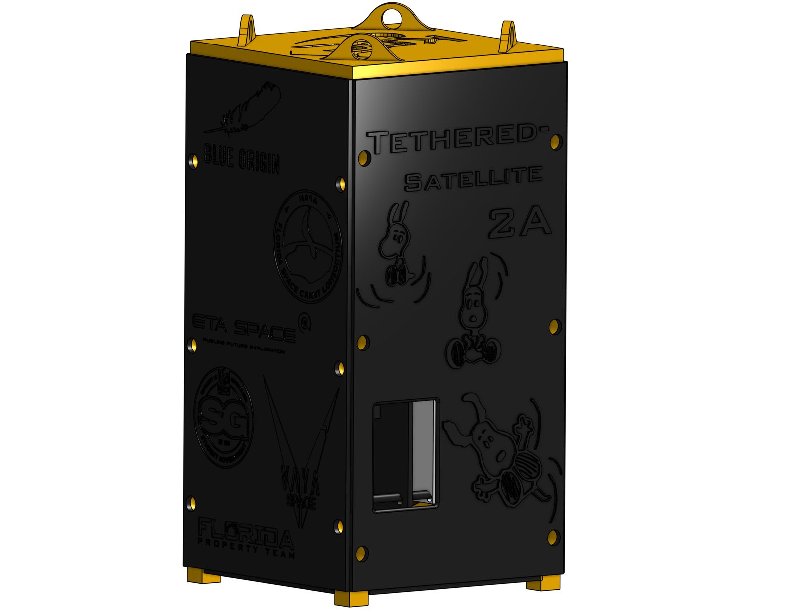 Closed TSat-2A enclosure CAD in black and yellow